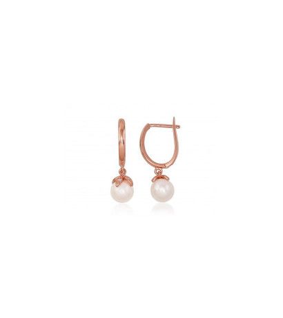 Gold earrings with 'english' lock 1200048(Au-R)_CZ+PE, Red Gold 585°, Zirkons , Fresh-water Pearl