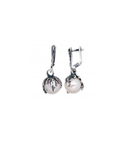 Silver earrings with 'english' lock 2203555(POx-Bk)_PESN, Silver 925°, oxide (Plating), Fresh-water Pearl (synt.)