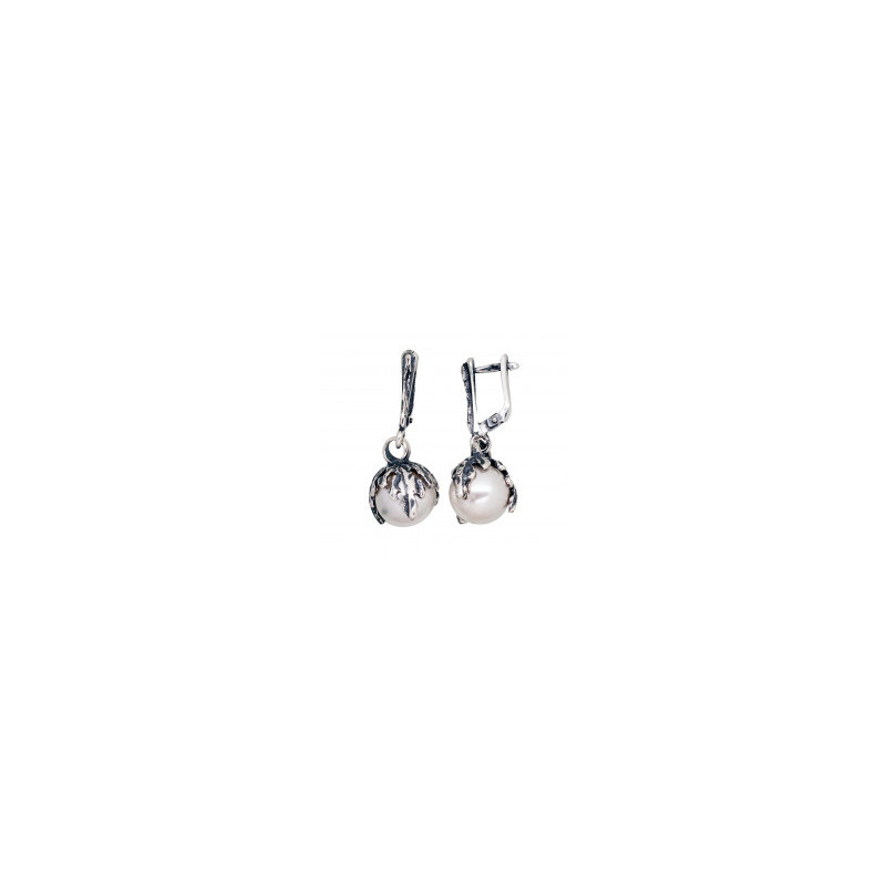 Silver earrings with 'english' lock 2203555(POx-Bk)_PESN, Silver 925°, oxide (Plating), Fresh-water Pearl (synt.)