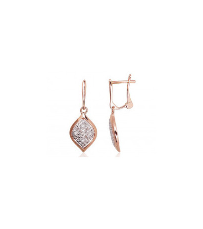 Gold earrings with 'english' lock 1200389(Au-R+PRh-W)_DI, Red Gold 585°, Rhodium (Plating) , Diamonds