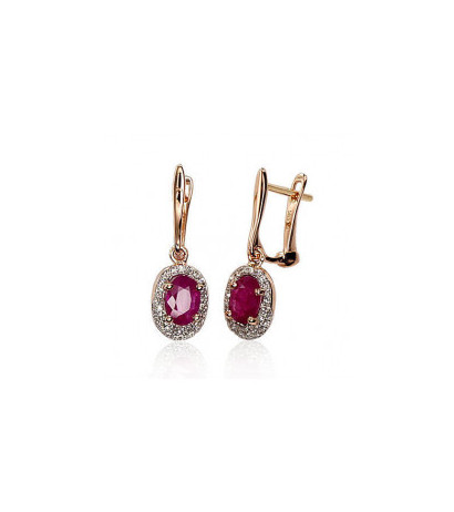 Gold earrings with 'english' lock 1200392(Au-R+PRh-W)_DI+RB, Red Gold 585°, Rhodium (Plating) , Diamonds , Ruby