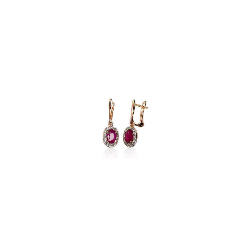 Gold earrings with 'english' lock 1200392(Au-R+PRh-W)_DI+RB, Red Gold 585°, Rhodium (Plating) , Diamonds , Ruby