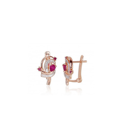 Gold earrings with 'english' lock 1200503(Au-R+PRh-W)_DI+RB, Red Gold 585°, Rhodium (Plating) , Diamonds , Ruby