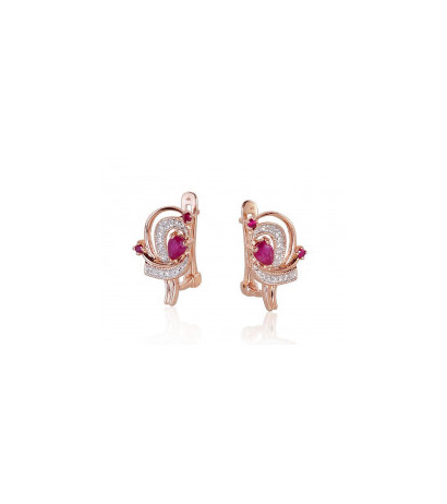 Gold earrings with 'english' lock 1200503(Au-R+PRh-W)_DI+RB, Red Gold 585°, Rhodium (Plating) , Diamonds , Ruby