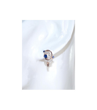 Gold earrings with 'english' lock 1200503(Au-R+PRh-W)_DI+SA, Red Gold 585°, Rhodium (Plating) , Diamonds , Sapphire