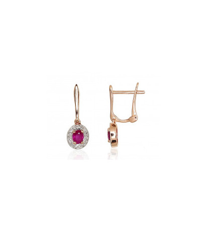 Gold earrings with 'english' lock 1200975(Au-R+PRh-W)_DI+RB, Red Gold 585°, Rhodium (Plating) , Diamonds , Ruby