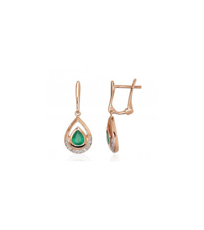 Gold earrings with 'english' lock 1200977(Au-R+PRh-W)_DI+EM, Red Gold 585°, Rhodium (Plating) , Diamonds , Emerald
