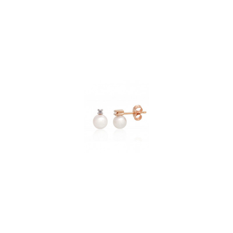 Gold classic studs earrings 1201487(Au-R+PRh-W)_DI+PE, Red Gold 585°, Rhodium (Plating) , Diamonds , Fresh-water Pearl