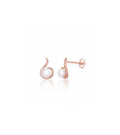 Silver stud earrings 2203836(PAu-R)_CZ+PE, Silver 925°, red gold (Plating), Zirkons , Fresh-water Pearl