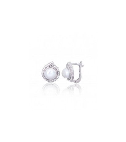 Silver earrings with 'english' lock 2203843(PRh-Gr)_CZ+PE, Silver 925°, Rhodium (Plating), Zirkons , Fresh-water Pearl