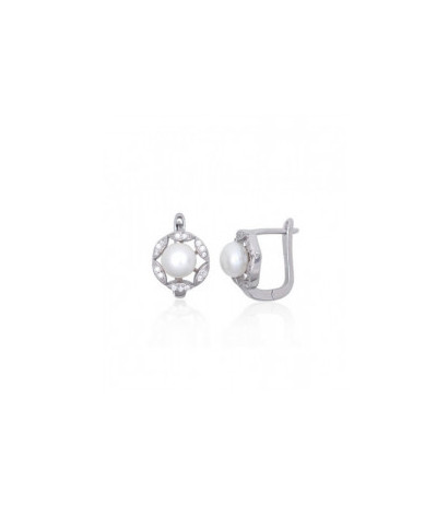 Silver earrings with 'english' lock 2203842(PRh-Gr)_CZ+PE, Silver 925°, Rhodium (Plating), Zirkons , Fresh-water Pearl