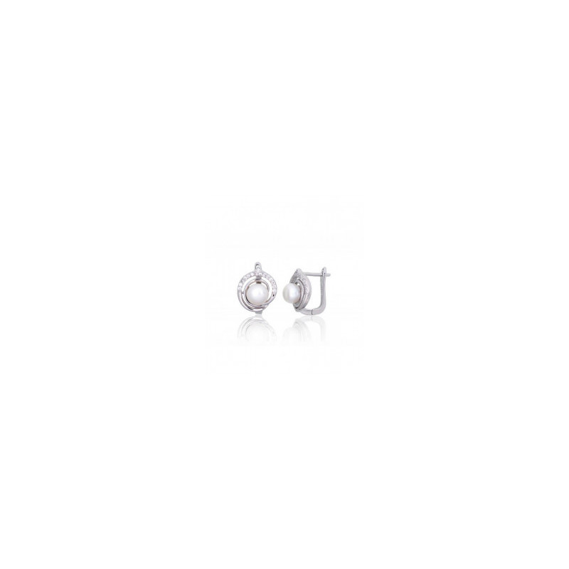 Silver earrings with 'english' lock 2203844(PRh-Gr)_CZ+PE, Silver 925°, Rhodium (Plating), Zirkons , Fresh-water Pearl
