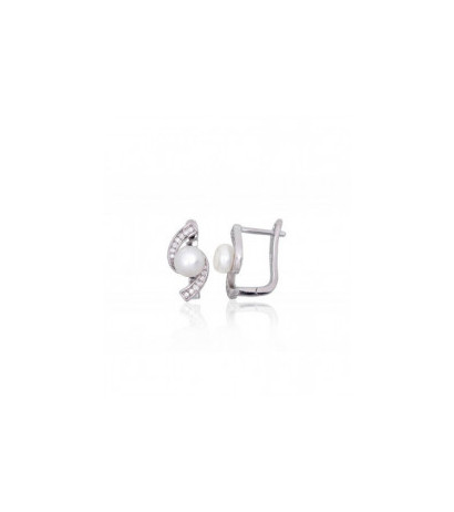Silver earrings with 'english' lock 2203845(PRh-Gr)_CZ+PE, Silver 925°, Rhodium (Plating), Zirkons , Fresh-water Pearl