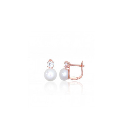 Silver earrings with 'english' lock 2203847(PAu-R)_CZ+PE, Silver 925°, red gold (Plating), Zirkons , Fresh-water Pearl