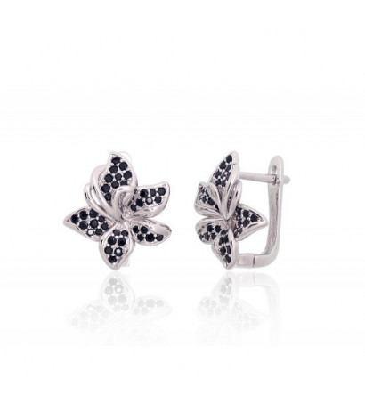 Silver earrings with 'english' lock 2204262(PRh-Gr)_CZ-BK, Silver 925°, Rhodium (Plating), Zirkons