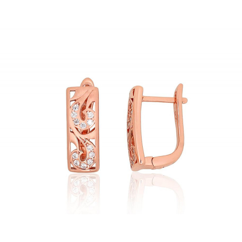 Silver earrings with 'english' lock 2204212(PAu-R)_CZ, Silver 925°, red gold (Plating), Zirkons
