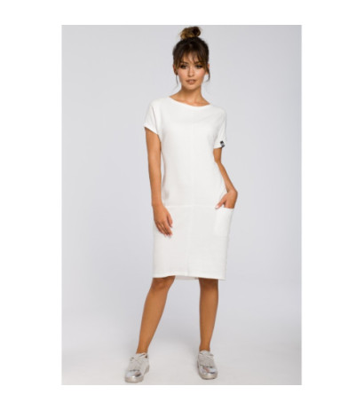 B050 Luźna sukienka midi z kieszeniami - ecru