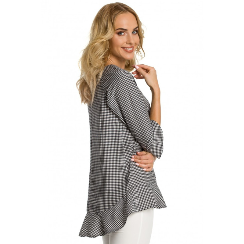 M350 Bluzka w kratkę z falbankami - czarna