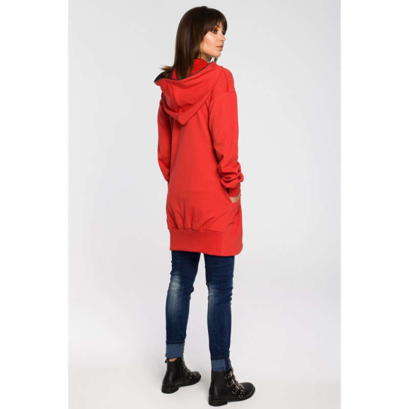 B054 Długa zasuwana bluza z kapturem - czerwona