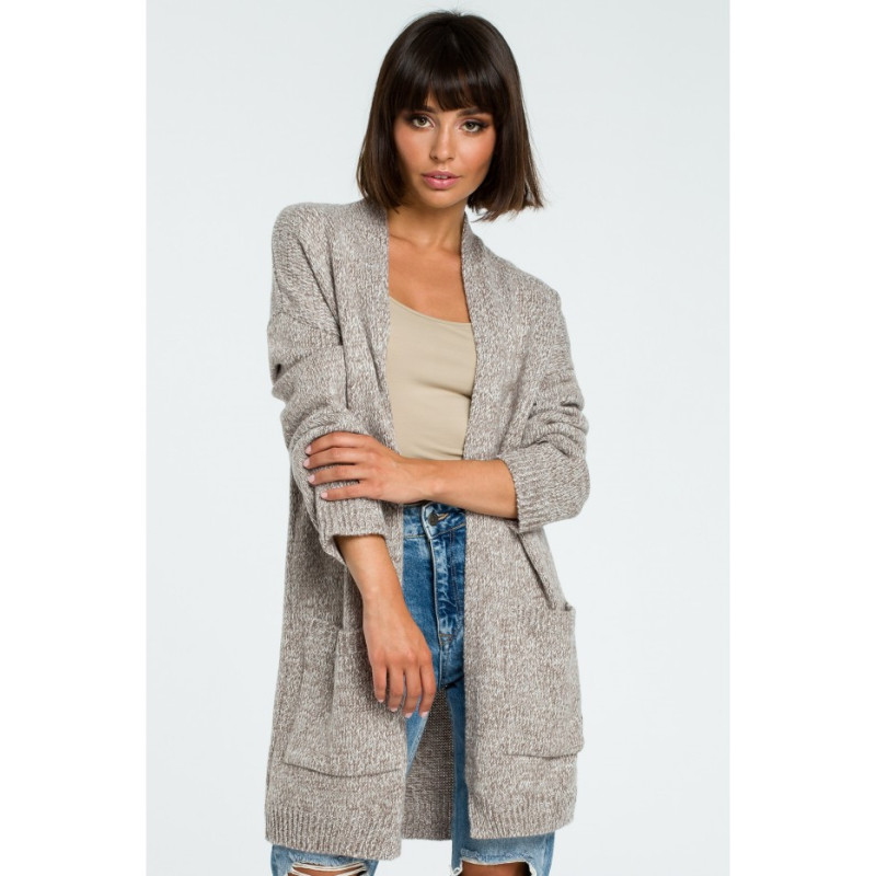 BK001 Długi niezapinany kardigan - brązowy-melanż