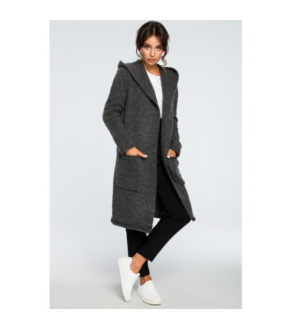 BK016 Długi niezapinany kardigan z kieszeniami - grafitowy