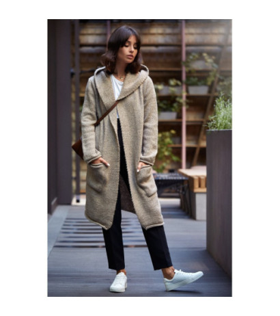 BK016 Długi niezapinany kardigan z kieszeniami - jasnobrązowy