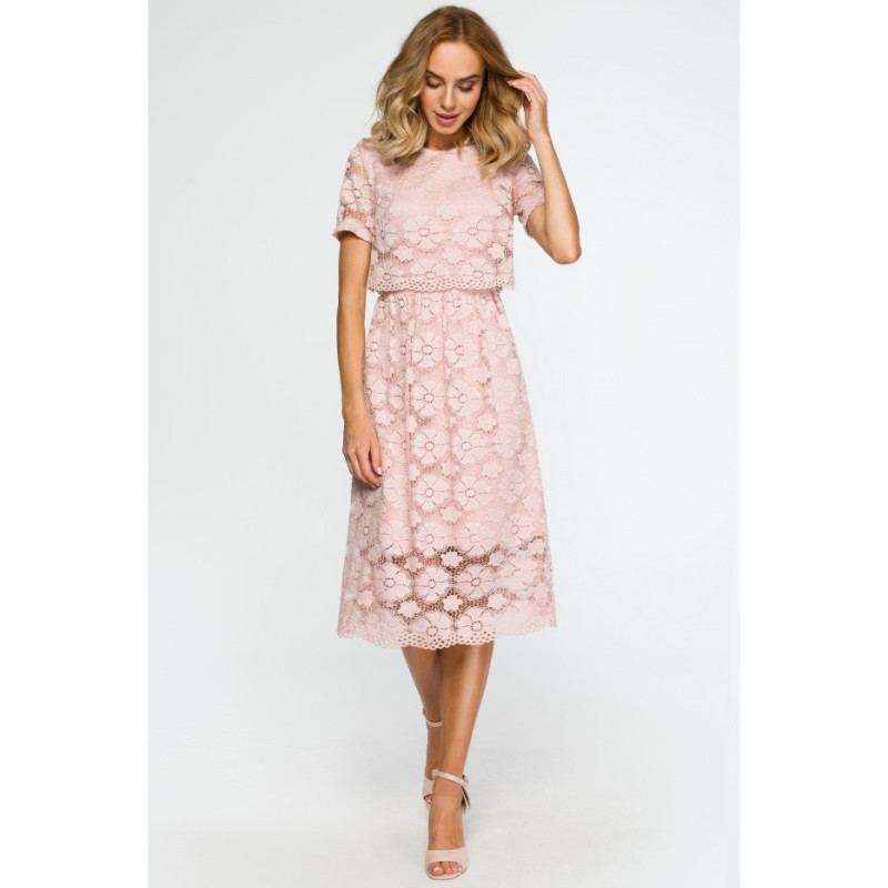 M405 Koronkowa sukienka midi - różowa