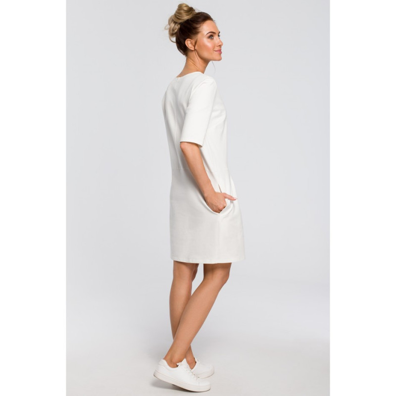 M422 Prosta sukienka z kokardką na ramieniu - ecru