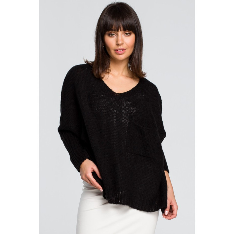 BK018 Luźny sweter z kieszenią - czarny