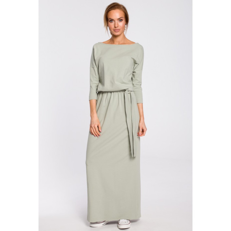 M435 Bawełniana sukienka maxi z paskiem w talii - pistacjowa