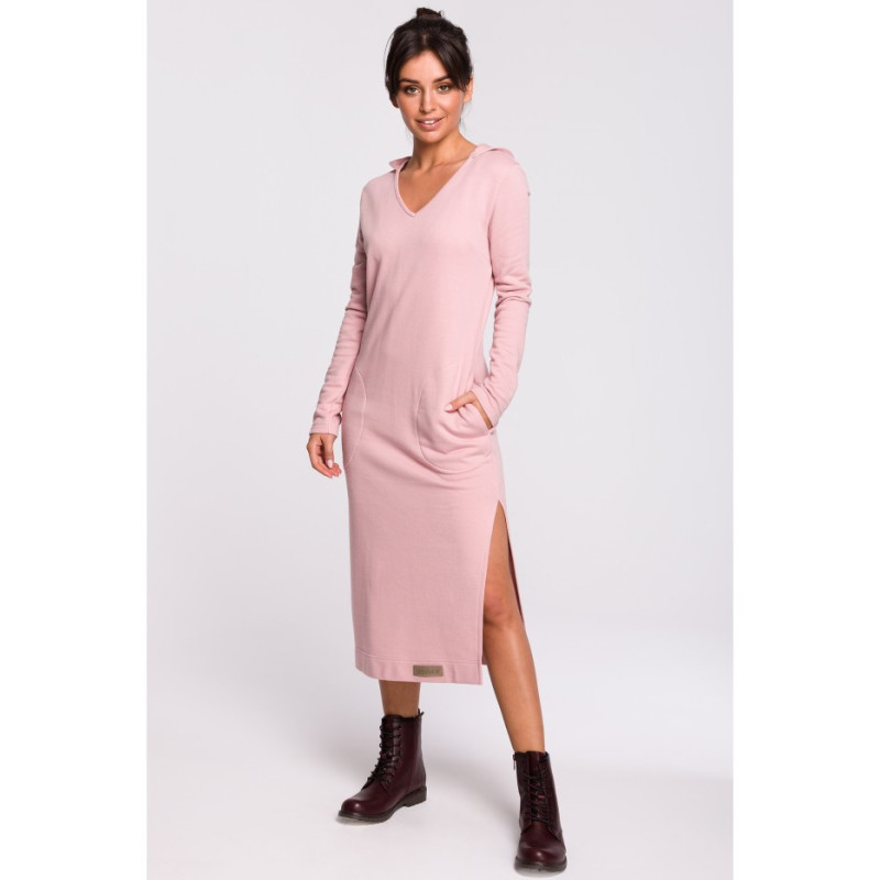 B128 Sukienka maxi z kapturem - pudrowa