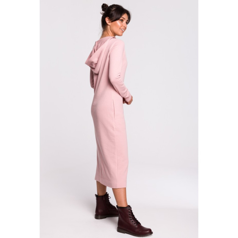 B128 Sukienka maxi z kapturem - pudrowa