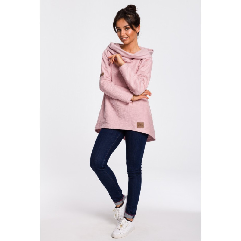 B131 Bluza z szerokim kołnierzem i kapturem - pudrowa