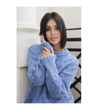BK038 Sweter ze splotem typu warkocz - niebieski