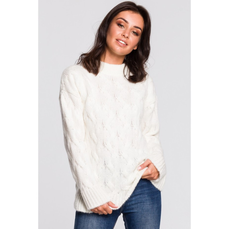 BK038 Sweter ze splotem typu warkocz - ecru