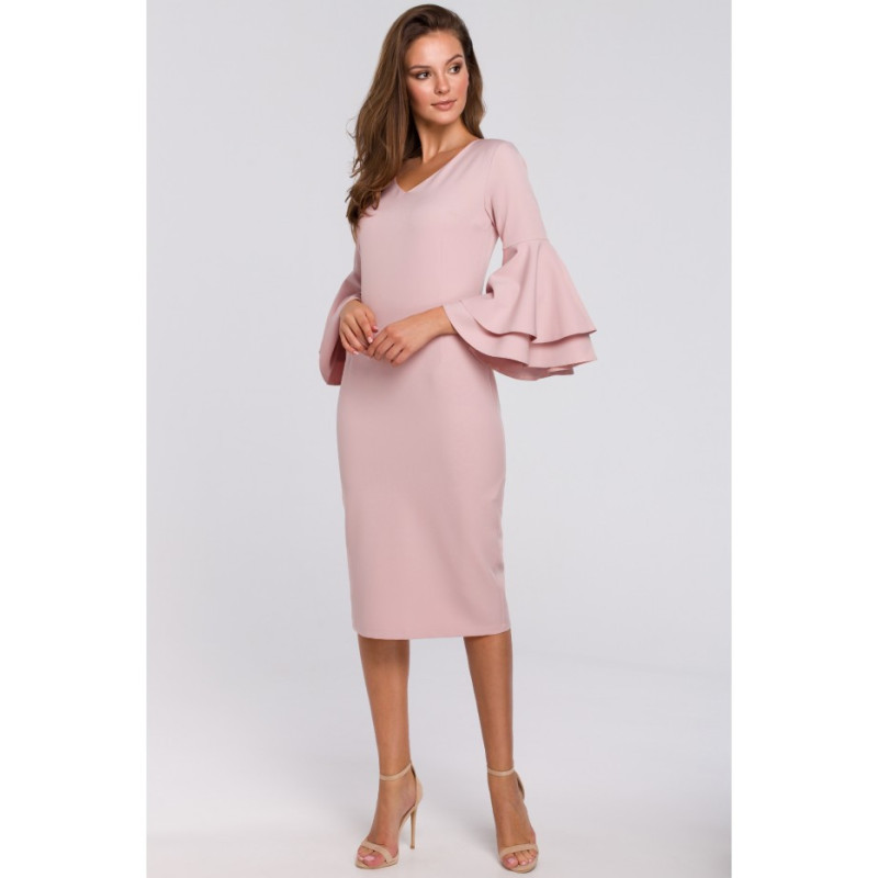 K002 Sukienka z falbanami przy rękawach - brudny róż