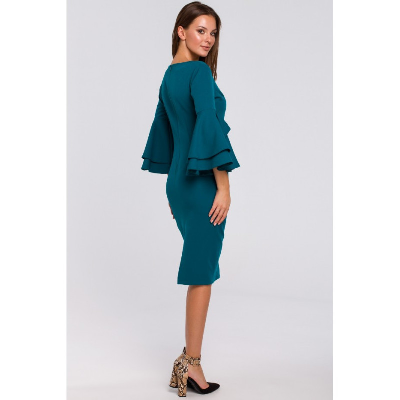 K002 Sukienka z falbanami przy rękawach - morska