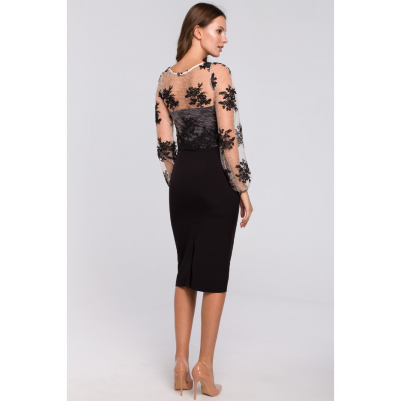 K013 Sukienka ołówkowa z koronkową górą - czarna