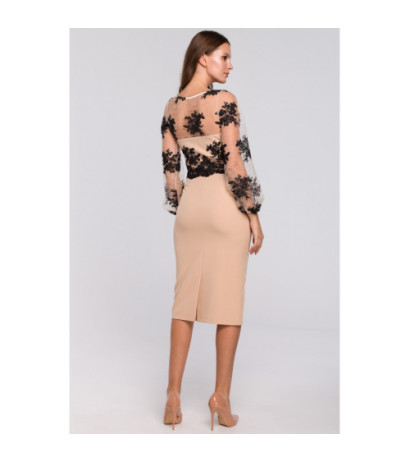 K013 Sukienka ołówkowa z koronkową górą - beżowa
