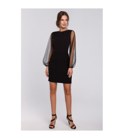 K032 Sukienka z bufiastymi rękawami w groszki - czarna