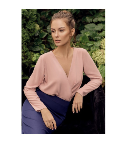 K037 Bluzka kopertowa z długim rękawem - pudrowa