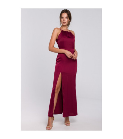 K042 Długa sukienka z rozcięciem na udzie - bordowa