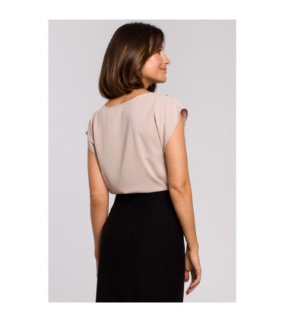 S206 Bluzka bez rękawów z dekoltem wykończonym koronką - beżowa