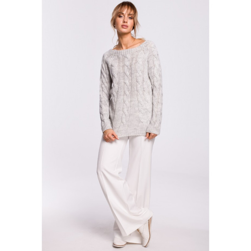 M511 Sweter z splotem typu warkocz i dekoltem w łódkę - szary