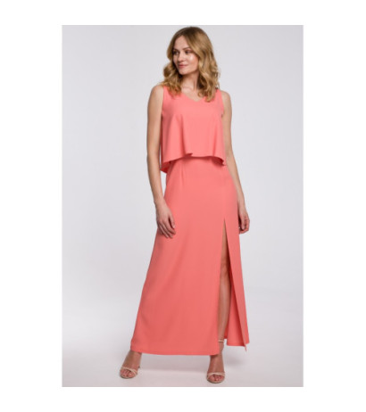 K048 Sukienka maxi z falbaną u góry - pomarańczowa