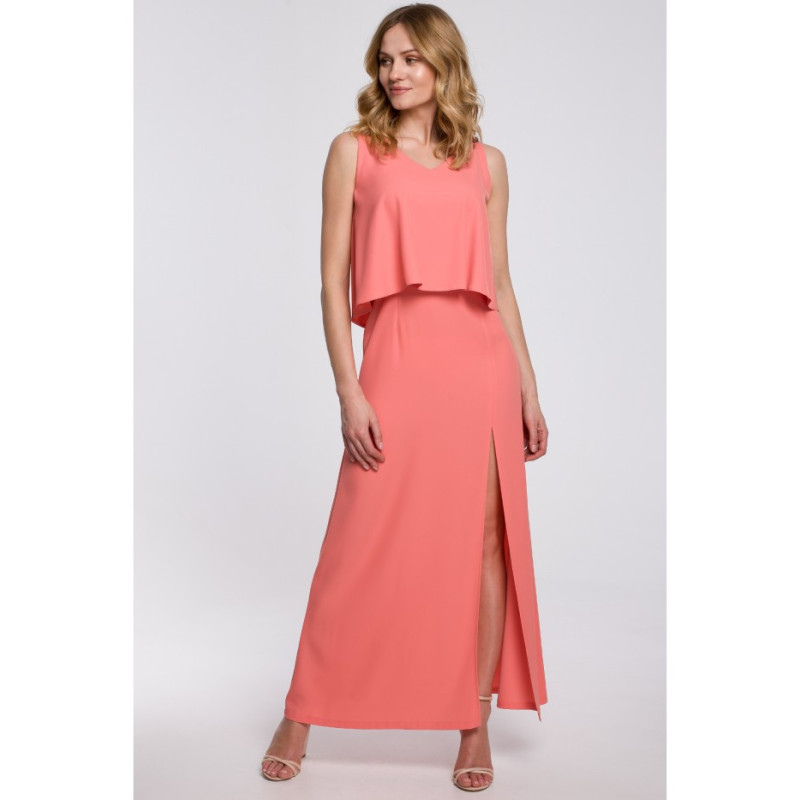 K048 Sukienka maxi z falbaną u góry - pomarańczowa