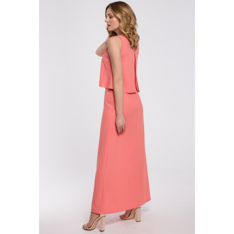 K048 Sukienka maxi z falbaną u góry - pomarańczowa