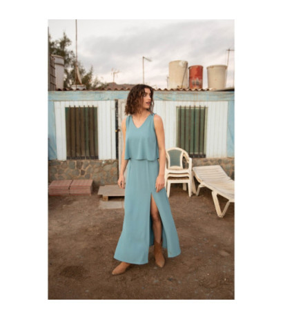 K048 Sukienka maxi z falbaną u góry - zimny niebieski