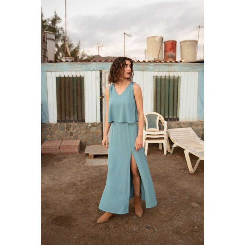 K048 Sukienka maxi z falbaną u góry - zimny niebieski