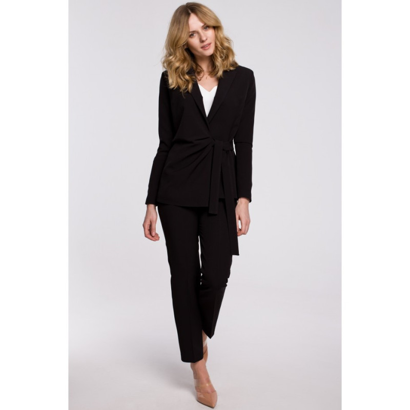 K056 Elegancki żakiet z wiązaniem na boku - czarny